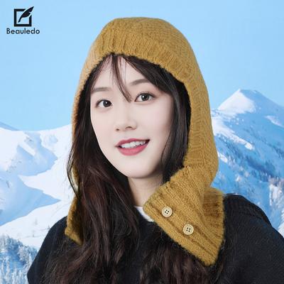 Korean Niche Design Button Balaclava Hat for Women In Winter Warm Knitted Hat with Wool Ear Protection Head Hat