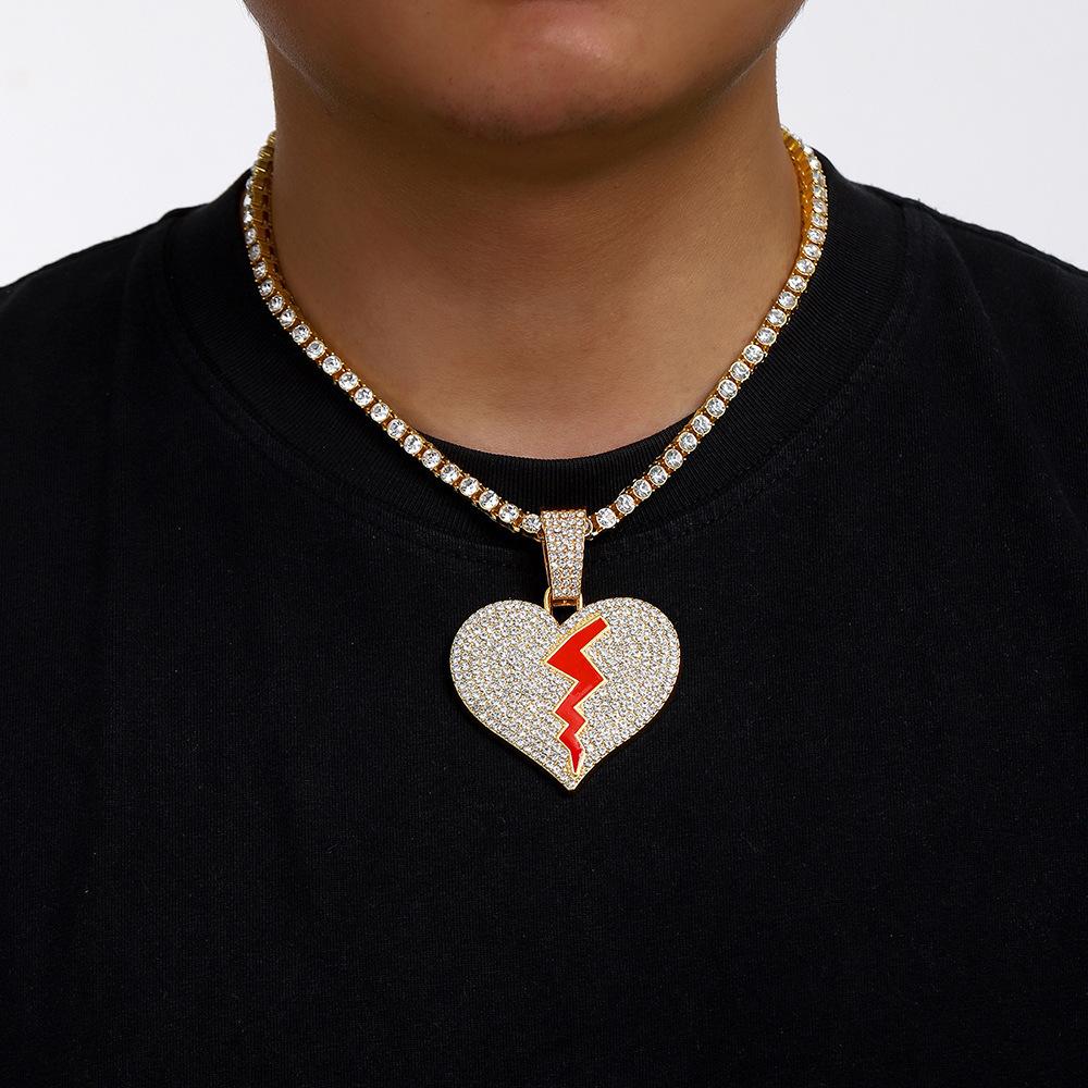 Street Hip Hop Personality Broken Crack Love Pendant Lanyard Hiphop15Mm Clasp Cuban Chain Men