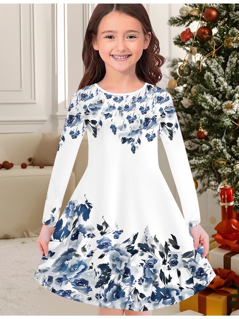 Dziewczęca jesienno-zimowa sukienka modowa, nadruk 3D kwiatów, okrągły dekolt, długa dziecięca sukienka T-shirtowa, casualowa, wszechstronna, odzież świąteczna