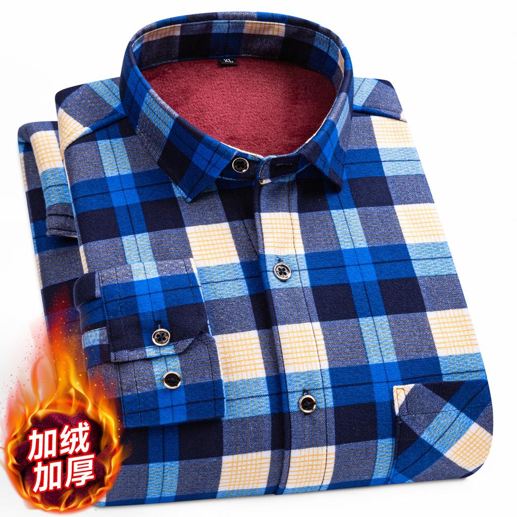2026 Autumn Winter Men's Fashion Plaid Striped Print Shirts Double-sided Fleece Long Sleeve Thick Warm Shirts Soft Big Size 7XL