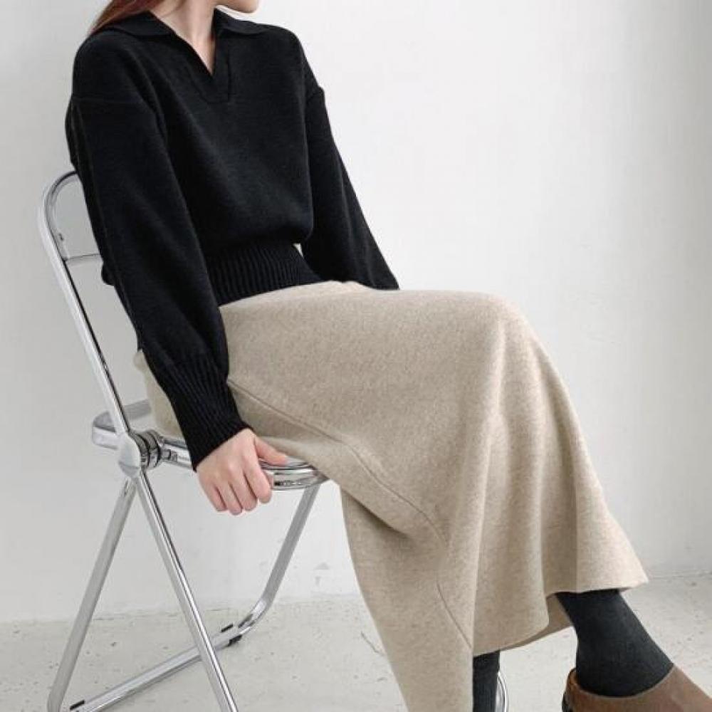 New Arrivals Open Run Women Open Collar Ribbed Loose Fit Long Sleeve Knit