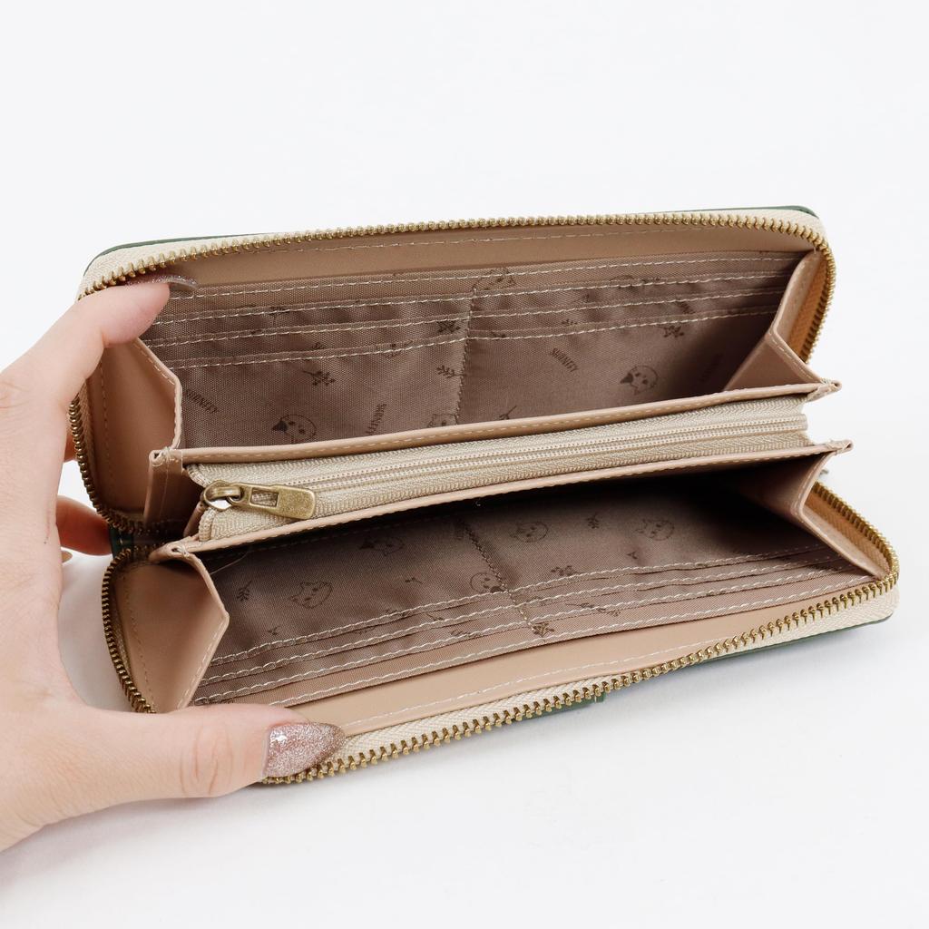 Long Round Front Cute Belt Character Embossed [Shanfy] Women's Wallet, Zipper, Pocket, Cat/Wreath Pattern, Design, (Brown)