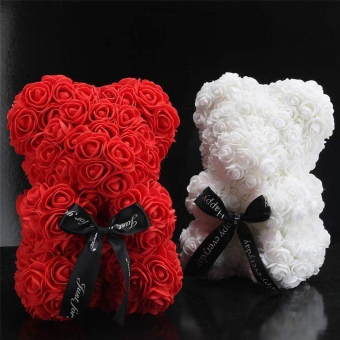 Décoration Artificielle - Rose Ourson - 25cm - Blanc - PE - Cadeau Anniversaire Saint Valentin