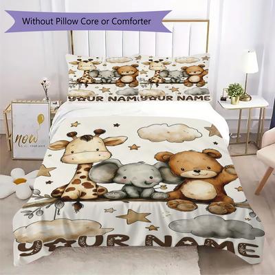 Custom Name Zoo Friends Night Sky Bedding,Quilt Set Quilt Cover Pillowcase Home Birthday Gift(1 * Duvet Cover + 2 * Pillowcase, Without Core)_lx