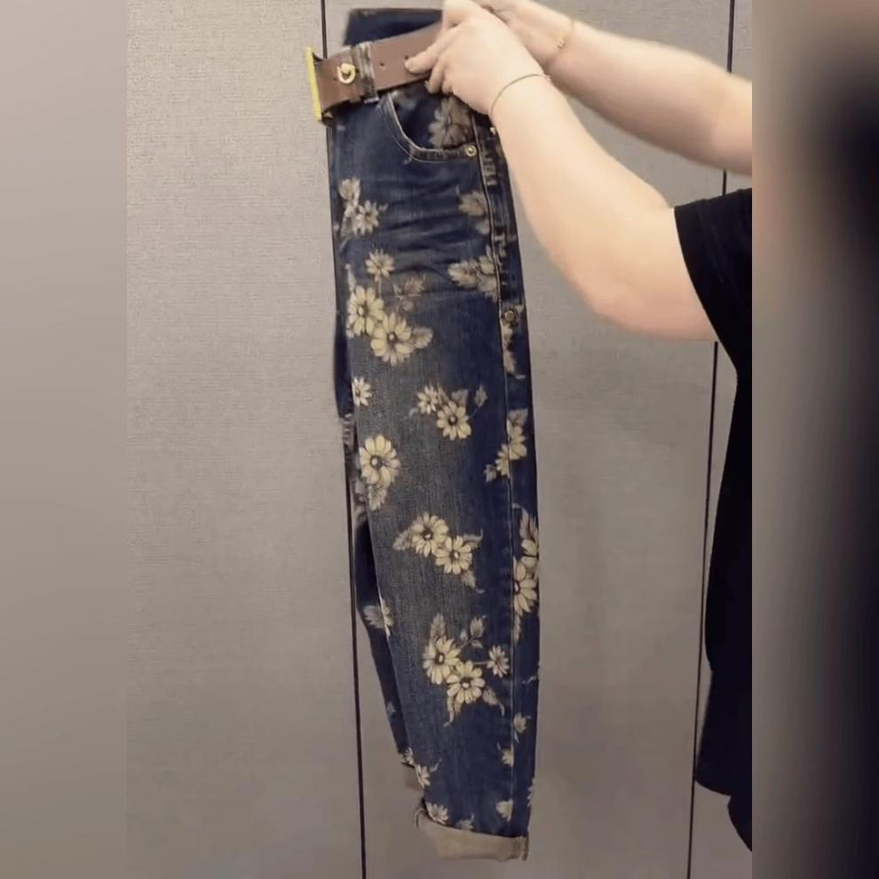 Women's Vintage Floral High-Waist Harem Jeans - 2025 Spring Collection