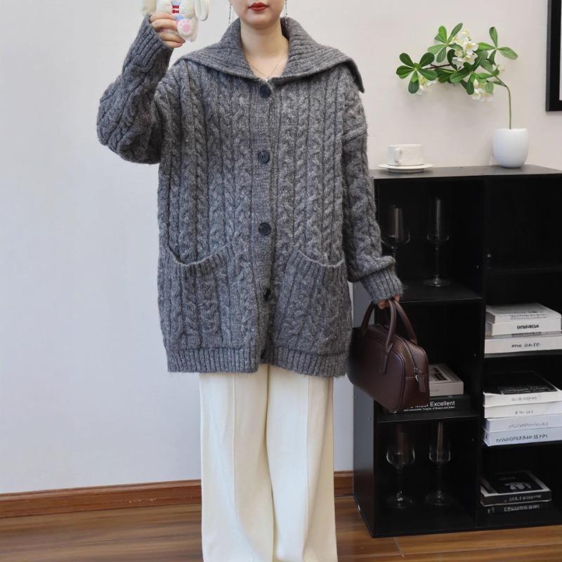 Autumn and winter new medium and long lapel loose twist knitted cardigan lazy wind sweater jacket women