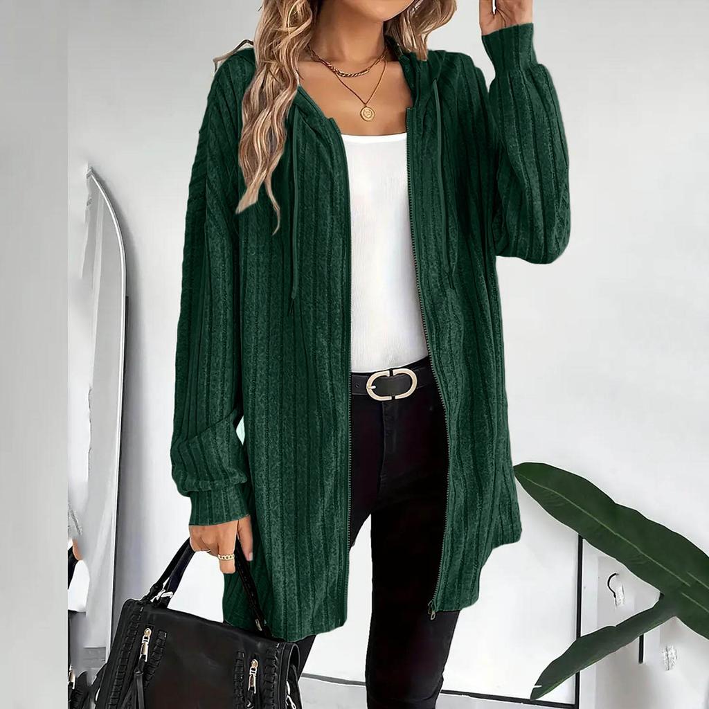 Women’s Casual Long Sleeve Ribbed Knit Zip Up Hooded Cardigan Jacket Lightweight Open Front Outerwear Sweater Coat