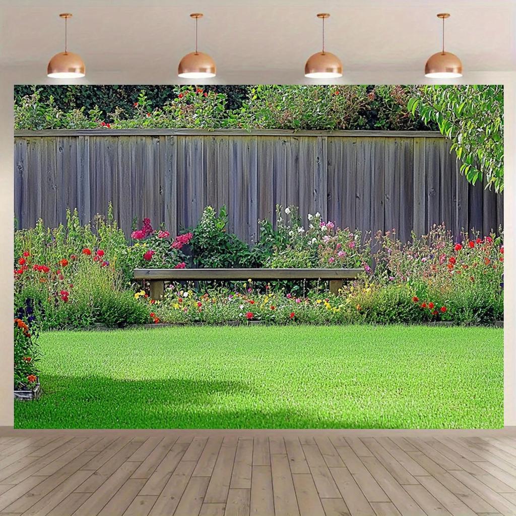 1pc Green Grass and Bushes Garden Scene Photography Backdrop Fabric for Bridal Shower, Wedding, Birthday and Party