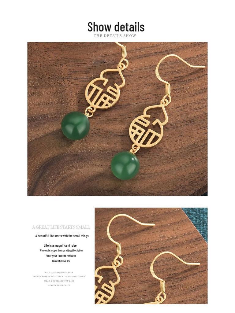 Creative National Tide Style Fu Lu Gold-Plated Stud Earrings with Chalcedony Jasper Gourd for Women