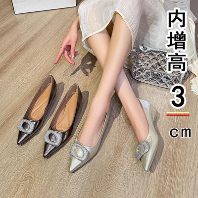 Inner Height-increasing Single Shoes Spring and Autumn Rhinestone Metal Buckle Pointed Flat Shoes Versatile Commuter Shoes