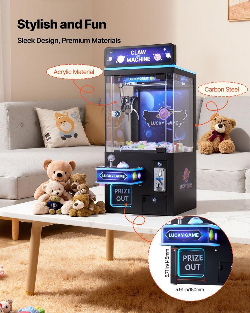 Claw Crane Machine, Medium-Sized Arcade Game Machine with Light & Sound, Adjustable Steel Claws, Precise Toy Candy Grabber Prize Dispenser Vending