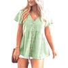 European Summer Women's V-neck Cotton Linen Shirt Dress - Short Sleeve, Pleated, Solid Color Beach Cover-up