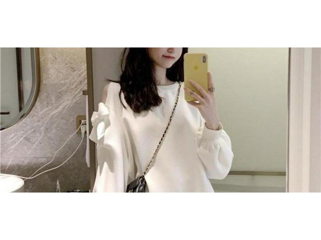 Plus Size Off-Shoulder Gray Sweatshirt for Women - Long Sleeve, Thin, Mid-Length, Spring/Autumn.