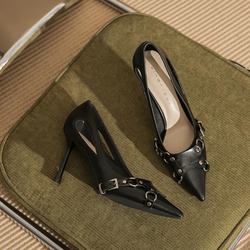 8588 [sheepskin] High Heels Women's Thin Heels Spring 2025 New Versatile Punk Style Pointed Head Empty Single Shoes