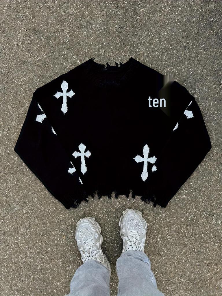 Trendig herrtröja i jacquardstickning med slitna kanter