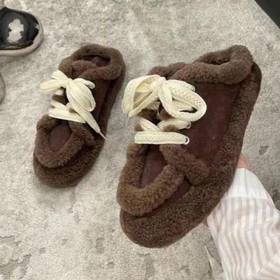Zimowe Damskie Mokasyny Pluszowe Sznurowane Płaskie Buty Kokardka Damskie Płaskie Ciepłe Mokasyny Wełniane Codzienne Buty Futrzane Łodzie Płaskie Zapatos Mujer