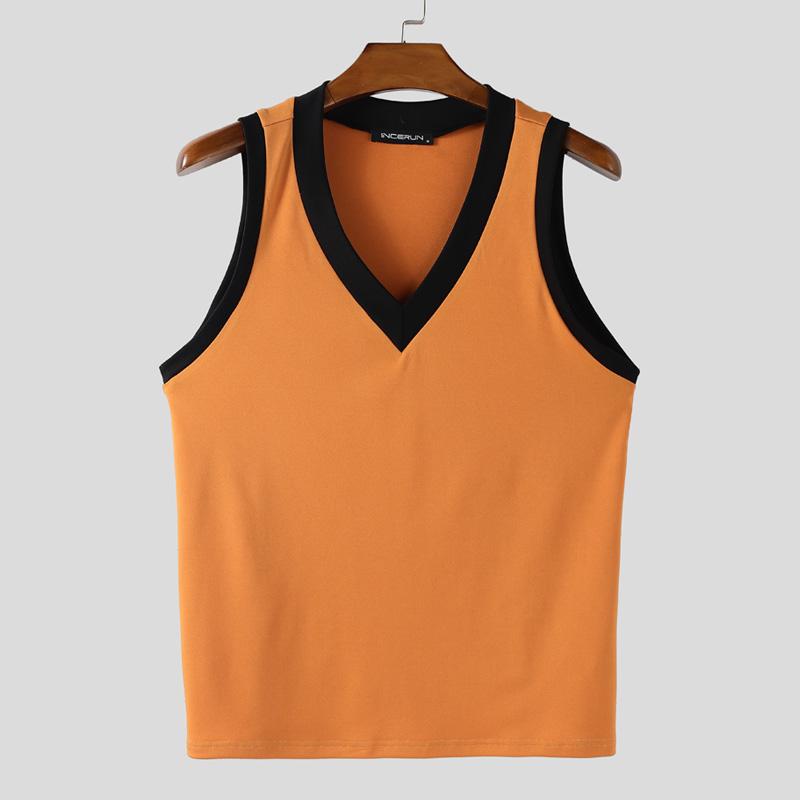 INCERUN Men V Neck Sleeveless Stitching Casual Slim Tank Tops Undershirts