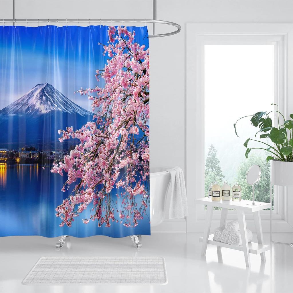 Pink Cherry Blossom Shower Curtain, Japanese Sakura Floral Shower Curtain Set, Plant Flower Cherry Shower Curtains For Bathroom
