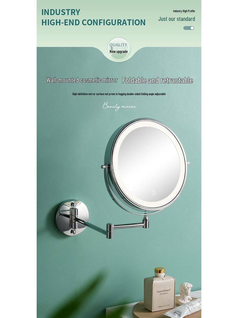 8" Wall-Mounted Folding LED Vanity Mirror - Double-Sided, Lighted, Magnifying for Bathroom Makeup