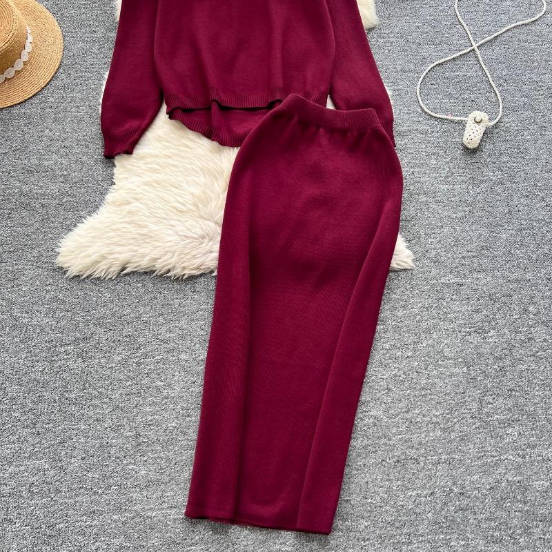 Tvådelat set Damkläder Mild Stil Lättslappig Lös passform Pullover O-hals Långärmad Stickad Tröja Midi Bodycon Kjolar