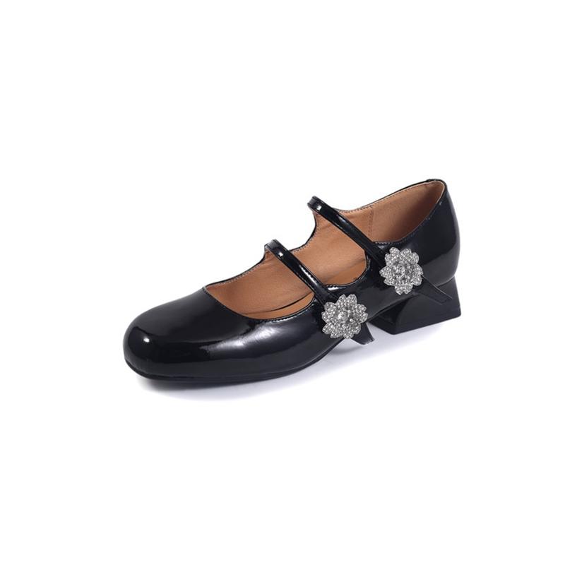 Fashion New women's genuine leather, cowhide, patent leather, round toe rhinestone flower belt buckle, high heels, Mary Jane shoes
