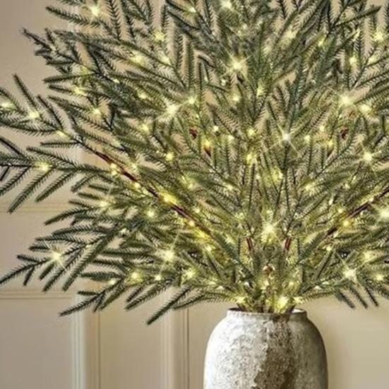 10 Pcs Lighted Christmas Norfolk Pine Branches Pre-Lit Artificial Pine Stems for DIY Wreaths Vase Fillers Indoor Outdoor Decor
