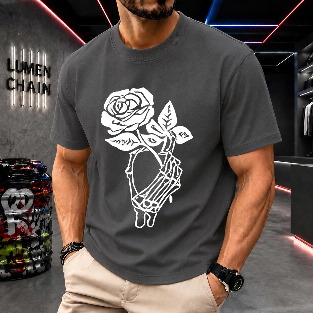 2026 New Cotton Tshirt Skull Hand Holding Rose Gothic Print Crew Neck Short Sleeve Casual Top
