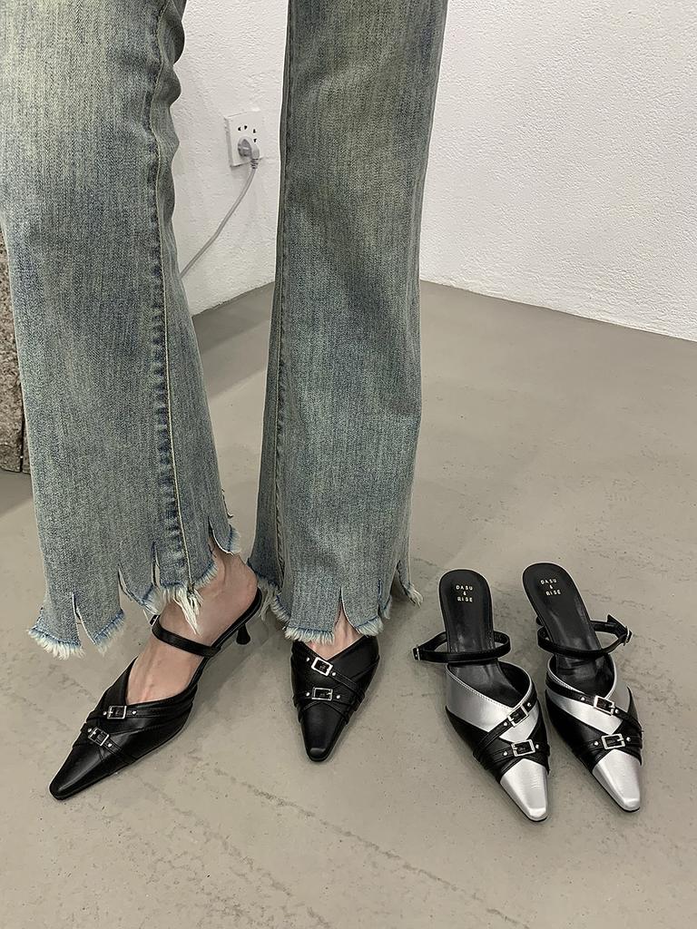 Fashion Black Silver Women Sandals Slides Slippers Summer Outside Party Dress Shoes Woman Thin High Heels Bow Design Slip On Sexy Office