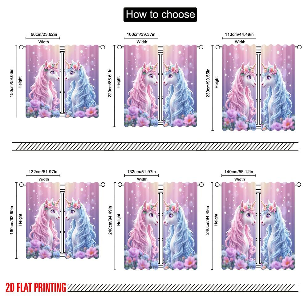 2D Flat Printing 2pcs Window Curtains Rainbow Floral Unicorn Versatile Durable Polyester Without Electricity Festive Wall Decor