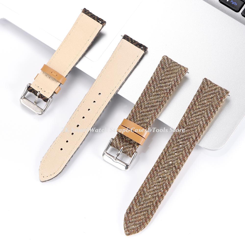 Vintage Woolen Leather Watch Band 18mm 20mm 22mm Quick Release Strap Nylon Weave Bracelet for Men Women Brown Green Wristband