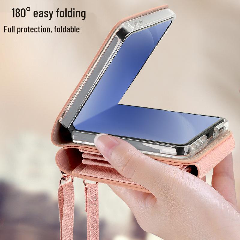Stylish multi-card slot coin purse/phone case for Samsung Z Flip7, drop-proof, foldable, anti-lost, includes long crossbody strap.