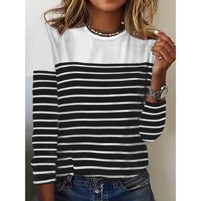 Top camiseta de manga larga a rayas bicolor con estampado patchwork de cuello redondo de gran venta