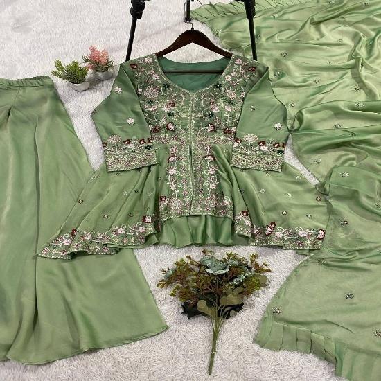 Vibrant Flora Embroidered Peplum & Sharara Suit Set M