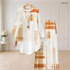 Women Plus Size Two Piece Set Round Neck Long Sleeve Plaid Printed Orange High Low Top Wide Leg Pants