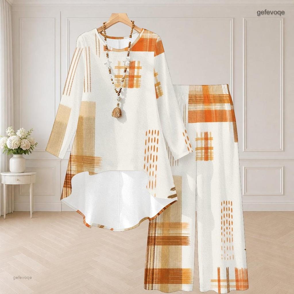 Women Plus Size Two Piece Set Round Neck Long Sleeve Plaid Printed Orange High Low Top Wide Leg Pants