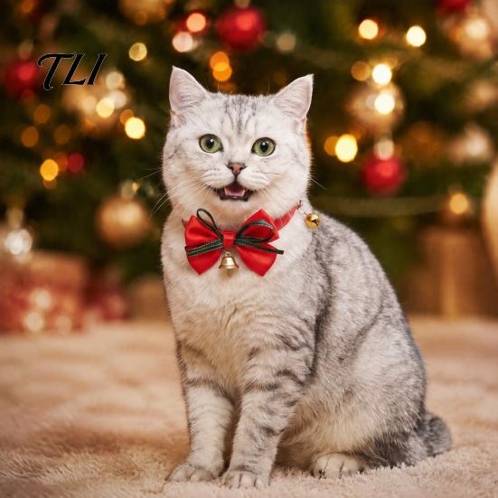 Holiday Cat Bow Christmas Pet Collar, Adjustable Collar with And Bell, Accessories Plaid Print for Cats, Small Dogs, Wear Festive Costume