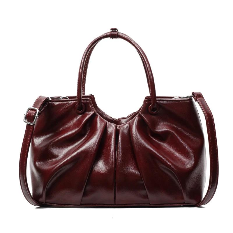 Vintage Pleated Women Crossbody Bag Fashion Pu Leather Tote Bucket Bag Large Capacity Commuting Shoulder Handbag