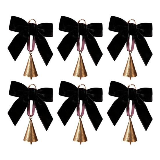 Holiday Party Hanging Ornaments 6 Pcs Velvet Bow with Bell Ornaments, Vintage Rustic Christmas Seasonal Decorative Decoration, Retro Jingle