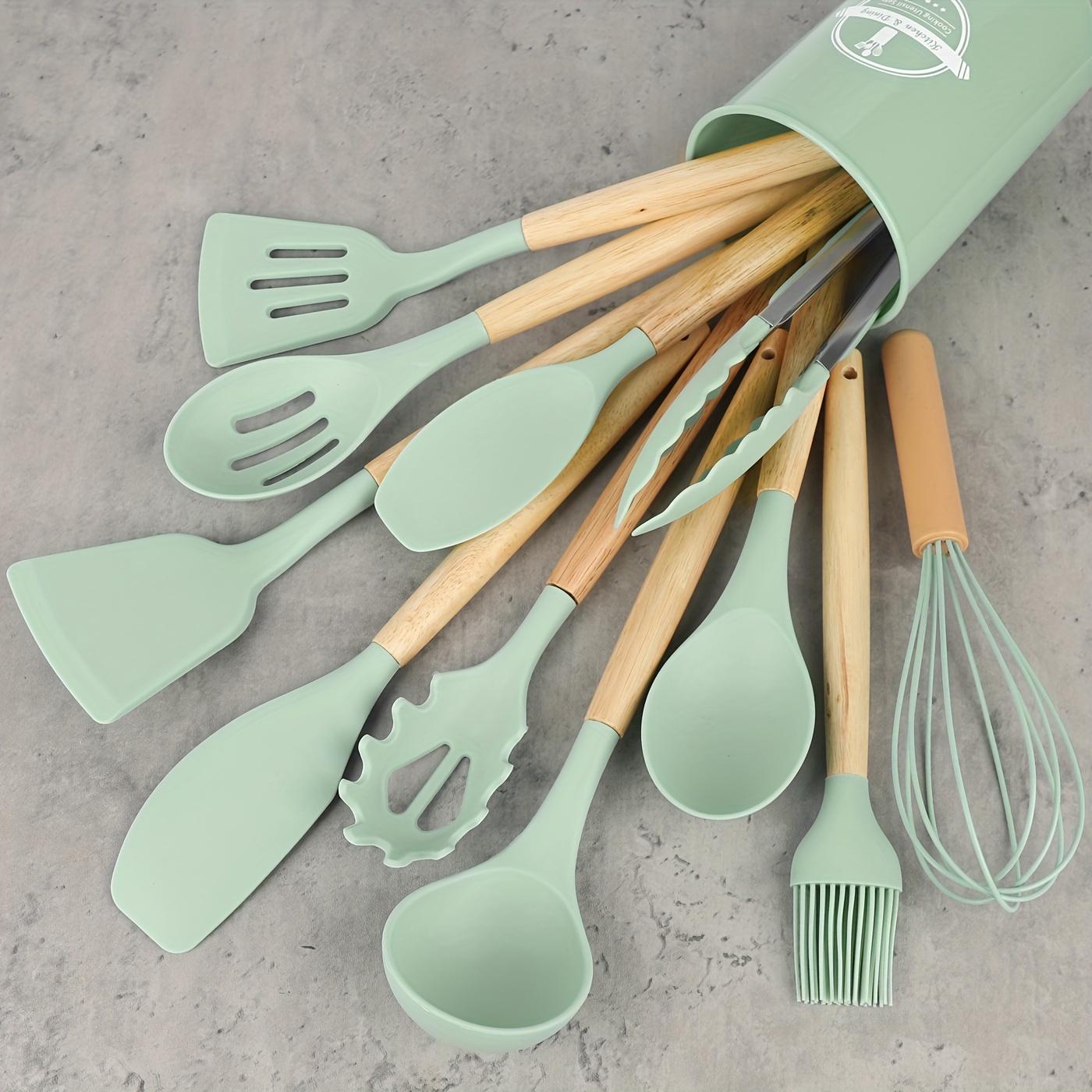 

12Pcs Set Of Multi-Color Silicone Wooden Handle Kitchenware Set Non Stick Pot Spatula And Spoon Cooking Utensils, Heat-Resistant
