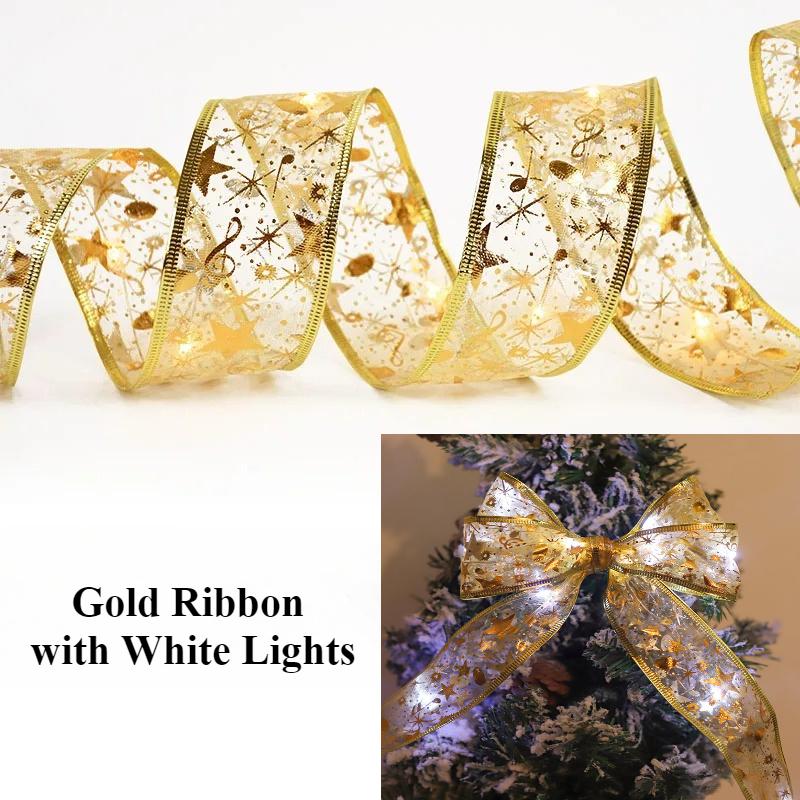 

Рождественское украшение Светодиодные ленты Рождественские украшения DIY Кружевные банты Гирлянда Навидад Украшение для дома Новый год 2025 Golden Ribbon-white-5m