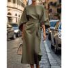 VEZFAA Women's Fashion Spring Fall Solid Color Print 3/4 Sleeves O-Neck High Waist Casual Dresses