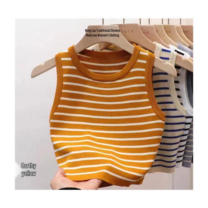 Women's Striped Sleeveless Camisole - Summer Knit Ice Silk Top