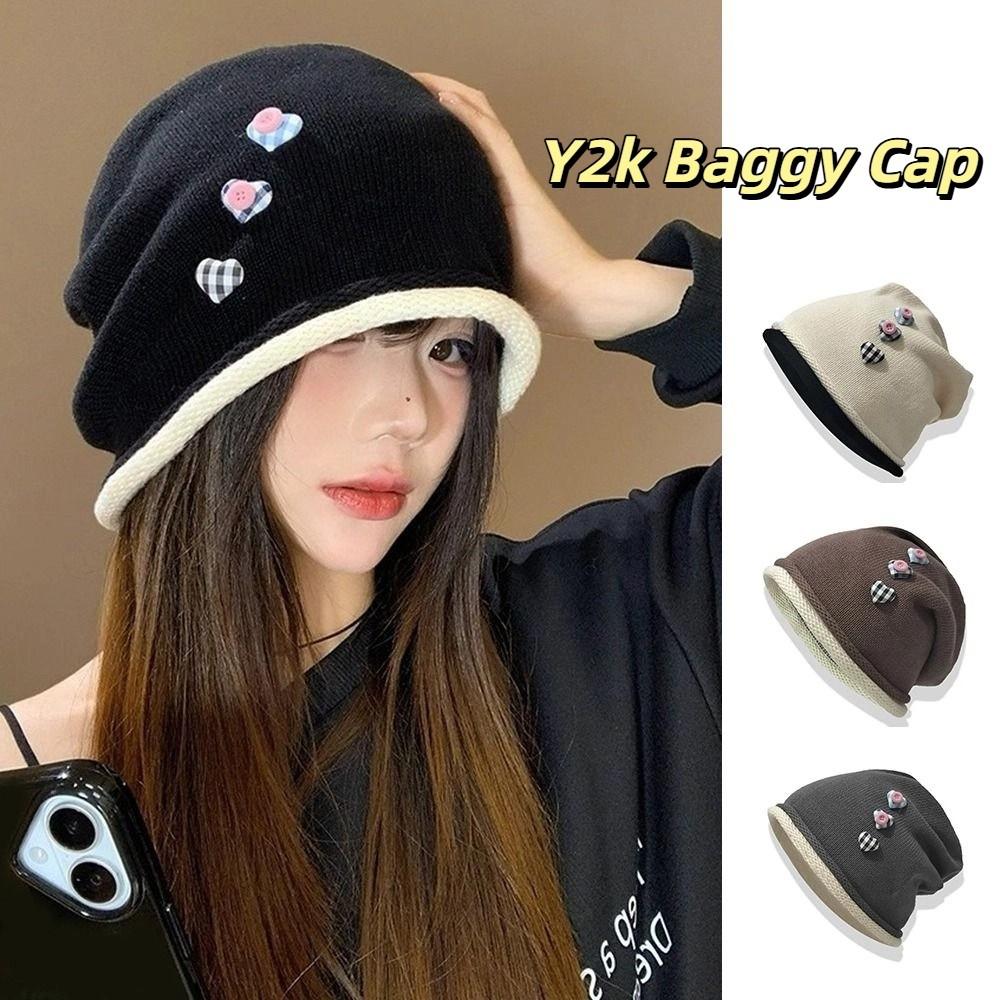Heart Button Knitted Beanies Cap Vintage Pullover Hats Fashion Y2k Baggy Cap  Streetwear