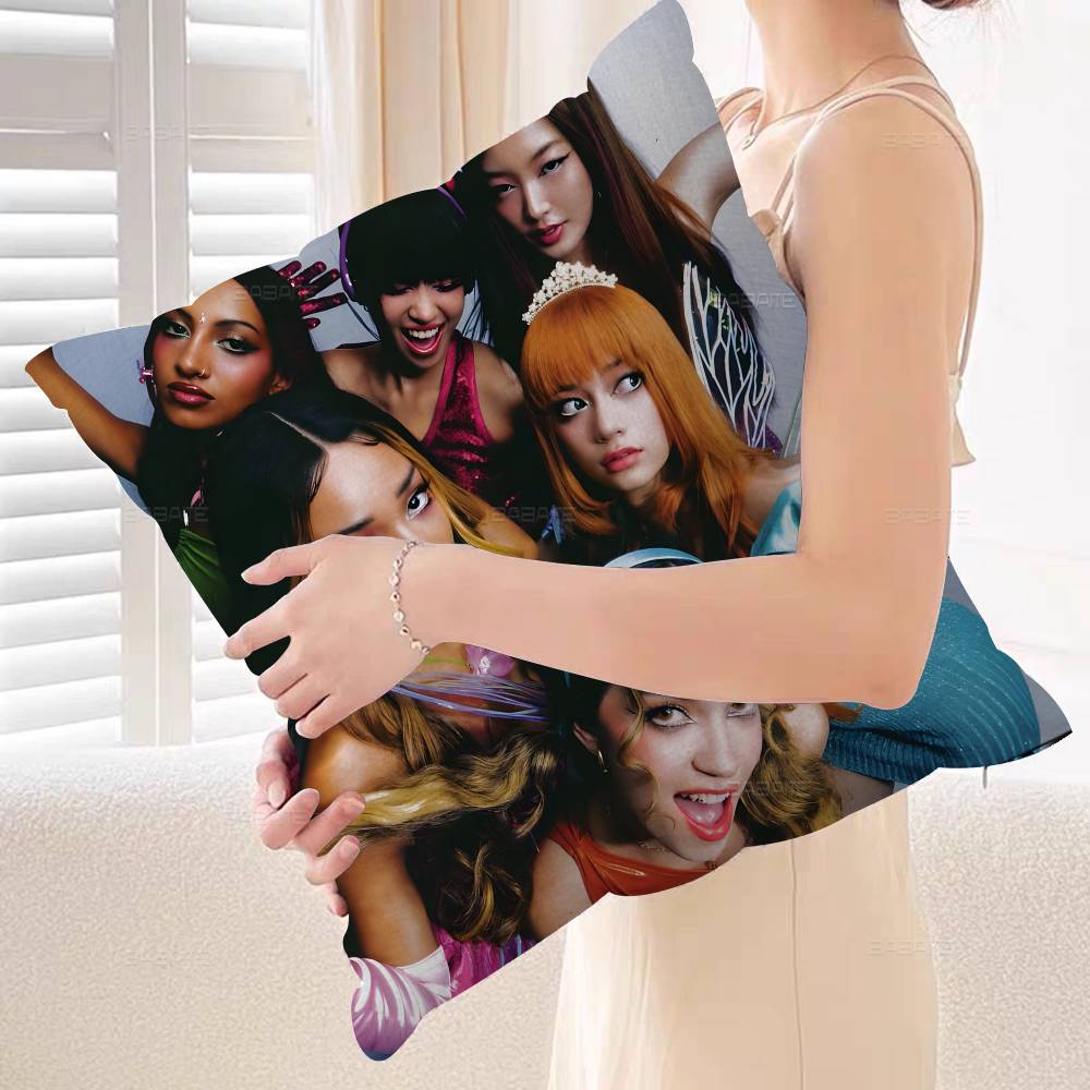 Korea Kpop Band K-Katseye Pillow Covers Cartoon Sofa Decorative Home Double-sided Printing Short Plush Cute Cushion Cover