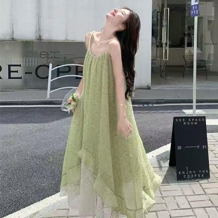 French sweet 2026 floral summer splicing new seaside suspender holiday temperament irregular dress skirt