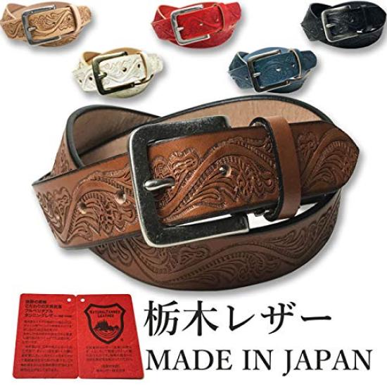 WING LEATHER Tochigi Leather Belt - Men's Genuine Leather Casual Belt, Made In Japan, Cowhide, Domestic, Stylish Embossed Craft, 35mm, W004, Size M,
