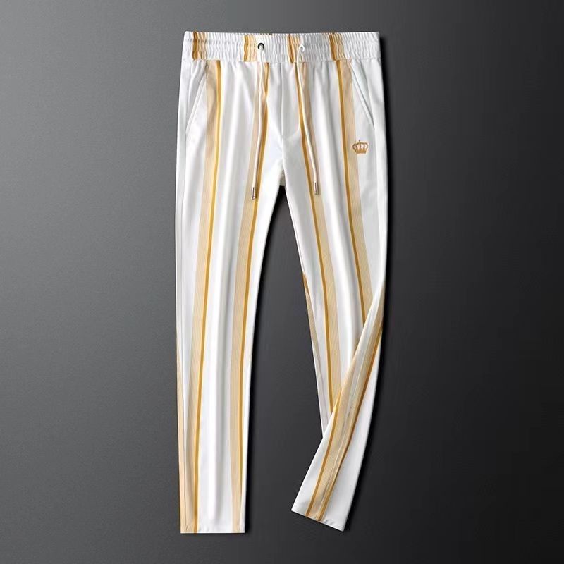 Elastic High Waist Pocket Striped Contrasting Color Men's Fashion Embroidered Casual Straight Casual Trousers