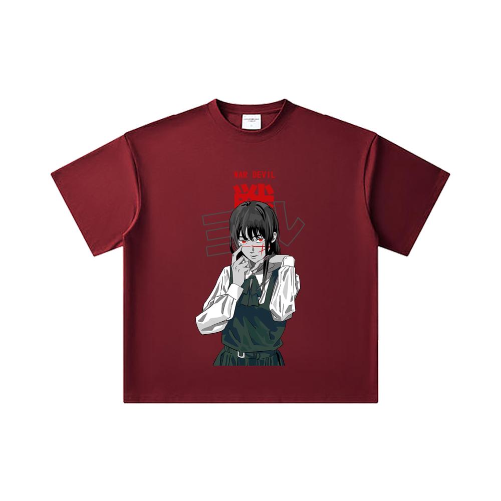 

260 GSM Double Yarn 32 Count 100% Cotton Chainsaw Man V58 War Devil Print Unisex Heavy Cotton T Shirt 2XL вина червоного кольору