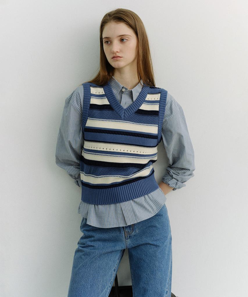 Deonseuteu Unisex Crafted Striped Knit Vest_Udsw6B123_Blue / Cream