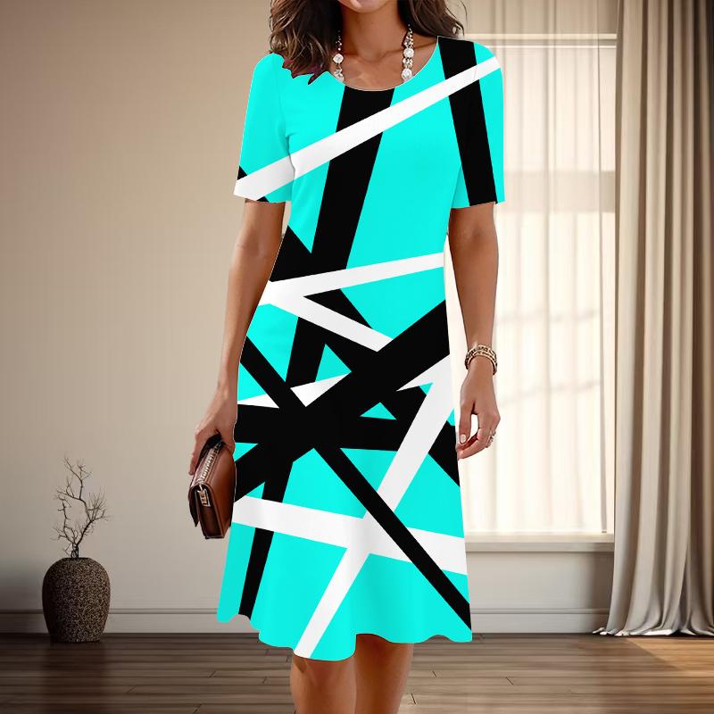 

Женская мода изящные простые линии с принтом лето весна короткие рукава с круглым вырезом повседневные платья XS синий